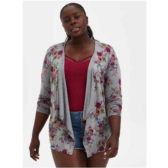 torrid Sweaters - Torrid 2X Super Soft Grey Floral Drape Cardigan